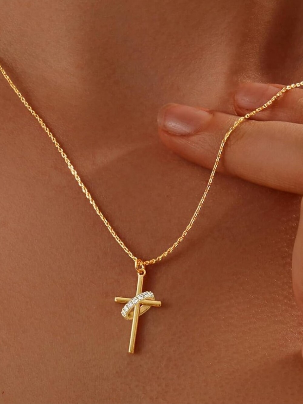 Dainty Gold Cross Necklace with Crystal Ribbon Accent